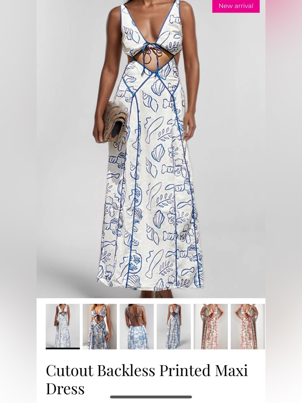 SABO White and Blue Cutout Backless Printed Maxi Dress